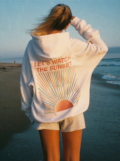 Sweatshirts- Women's Cozy Oversized Hoodie with Kangaroo Pocket - Sunset Print Sweatshirt- - IndioGear Fashion and Gear