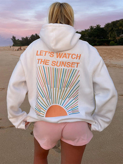 Sweatshirts- Women's Cozy Oversized Hoodie with Kangaroo Pocket - Sunset Print Sweatshirt- - IndioGear Fashion and Gear