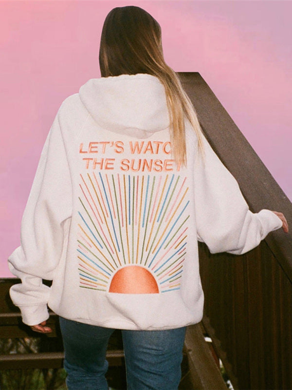 Sweatshirts- Women's Cozy Oversized Hoodie with Kangaroo Pocket - Sunset Print Sweatshirt- - IndioGear Fashion and Gear