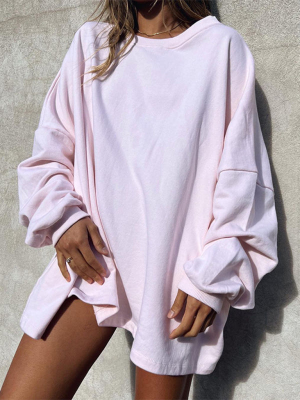 Sweatshirts- Women's Loose Pullover - Oversized Drop Shoulder Sweatshirt- Pink- IndioGear Fashion and Gear