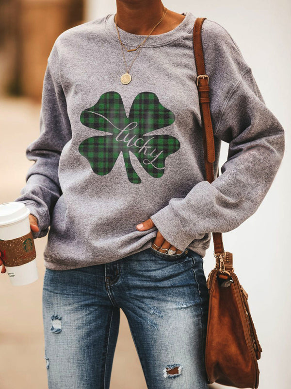 Sweatshirts- Women's St. Patrick's Day Lucky Print Sweatshirt- Charcoal grey- IndioGear Fashion and Gear