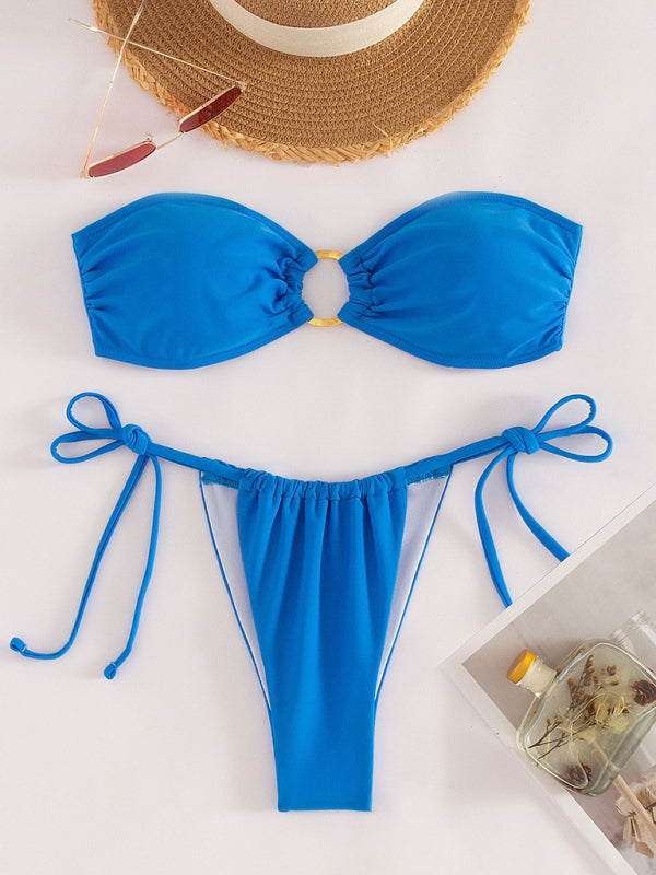 Swimsuits- 2-Piece Bikini Swimwear with Wireless Bandeau Bra and Tie-Side Thong- - IndioGear Clothing and Gear