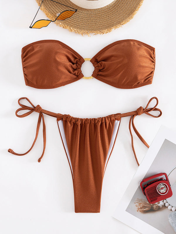 Swimsuits- 2-Piece Bikini Swimwear with Wireless Bandeau Bra and Tie-Side Thong- - IndioGear Clothing and Gear