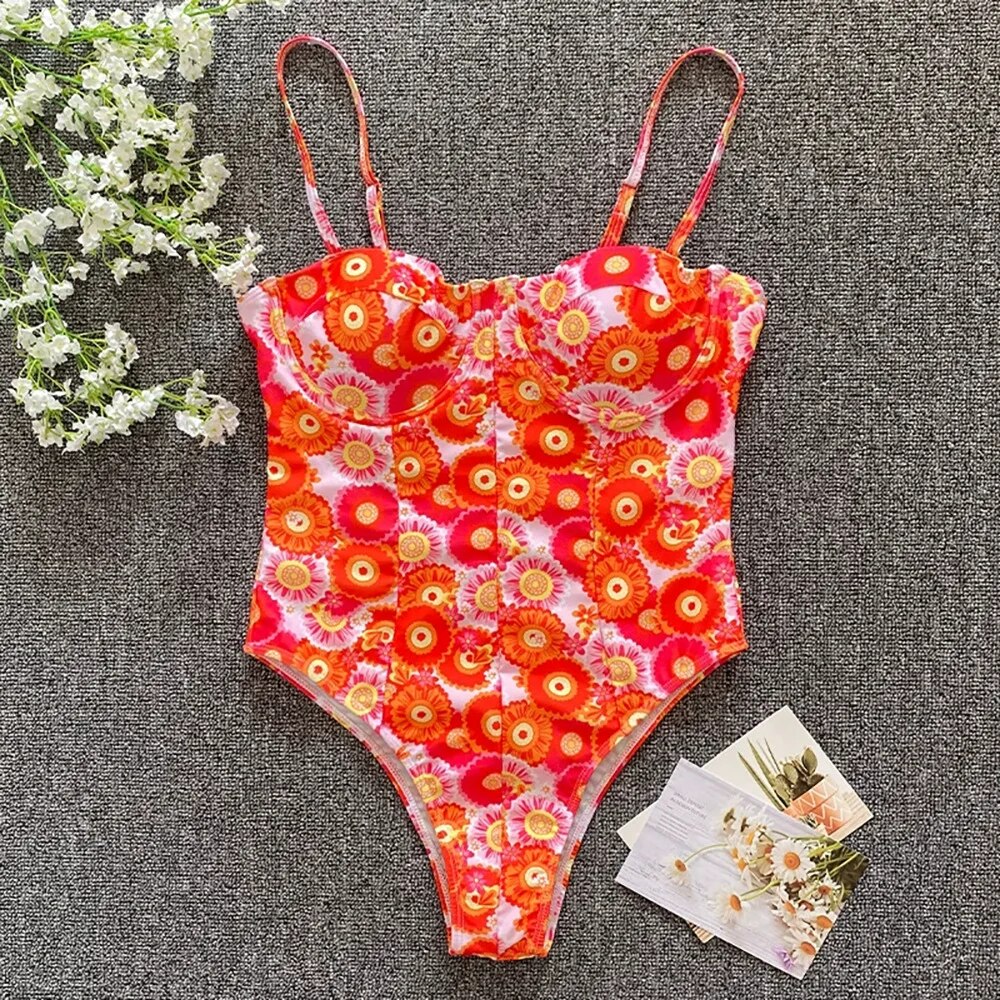 Swimsuits- Beach Floral Vacation Sporty One-Piece Underwire Swimwear- - IndioGear Clothing and Gear