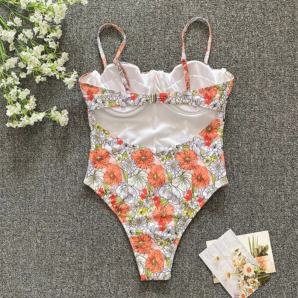 Swimsuits- Beach Floral Vacation Sporty One-Piece Underwire Swimwear- - IndioGear Clothing and Gear