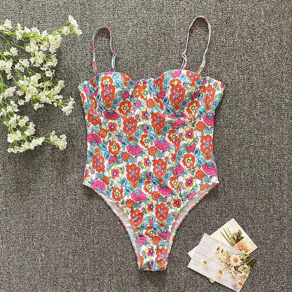 Swimsuits- Beach Floral Vacation Sporty One-Piece Underwire Swimwear- - IndioGear Clothing and Gear