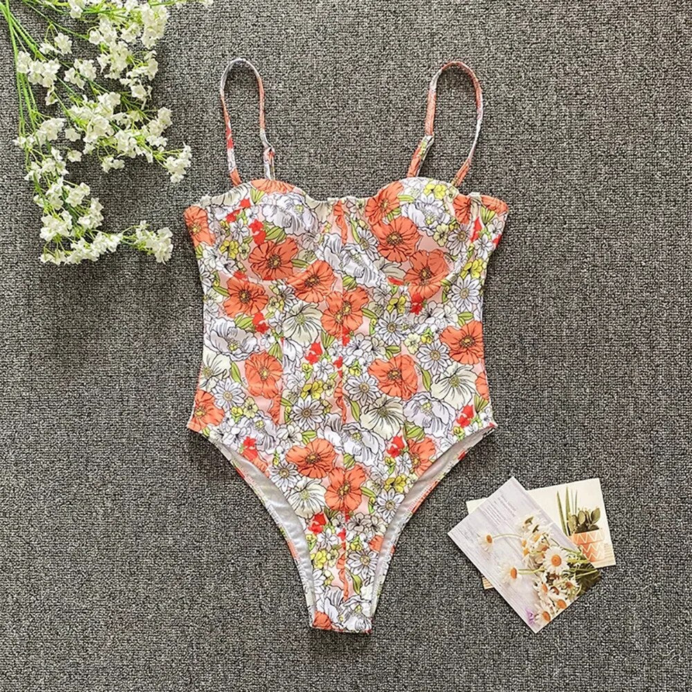 Swimsuits- Beach Floral Vacation Sporty One-Piece Underwire Swimwear- - IndioGear Clothing and Gear