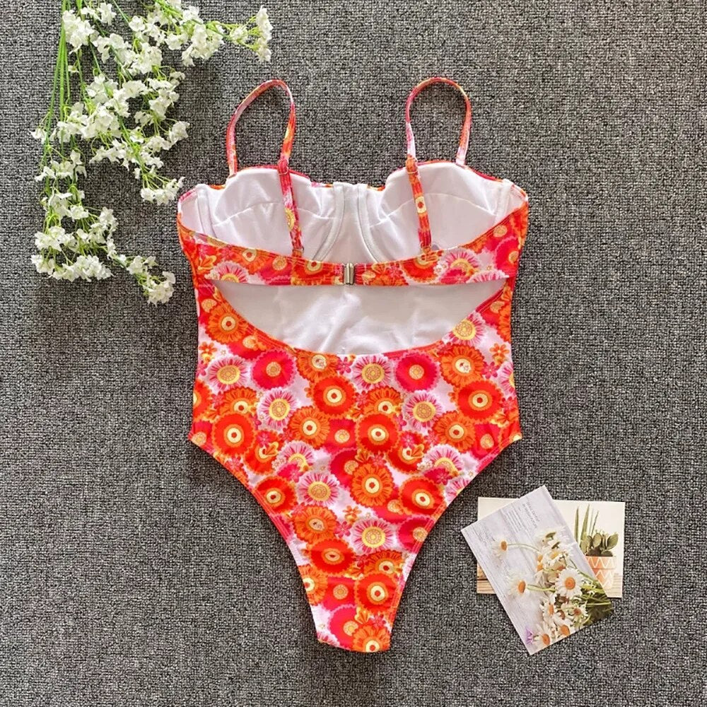 Swimsuits- Beach Floral Vacation Sporty One-Piece Underwire Swimwear- - IndioGear Clothing and Gear