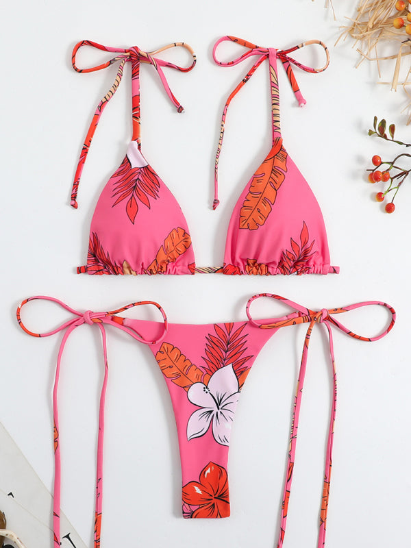 Swimsuits-Floral 2-Piece Bikini Set with Wireless Triangle Bra & Brazilian Thong-Pekosa Women Clothing