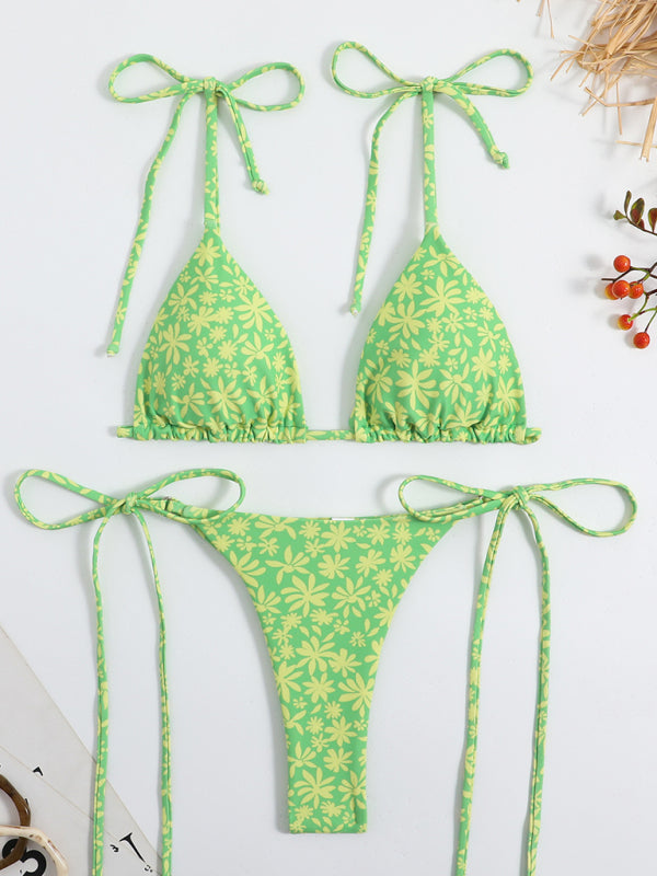 Swimsuits-Floral 2-Piece Bikini Set with Wireless Triangle Bra & Brazilian Thong-Pekosa Women Clothing