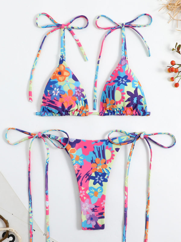 Swimsuits-Floral 2-Piece Bikini Set with Wireless Triangle Bra & Brazilian Thong-Pekosa Women Clothing