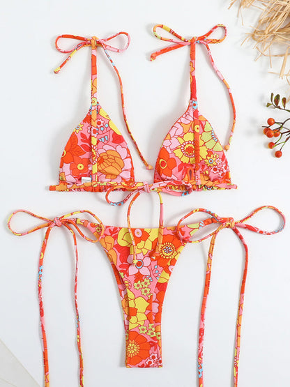 Swimsuits-Floral 2-Piece Bikini Set with Wireless Triangle Bra & Brazilian Thong-Pekosa Women Clothing