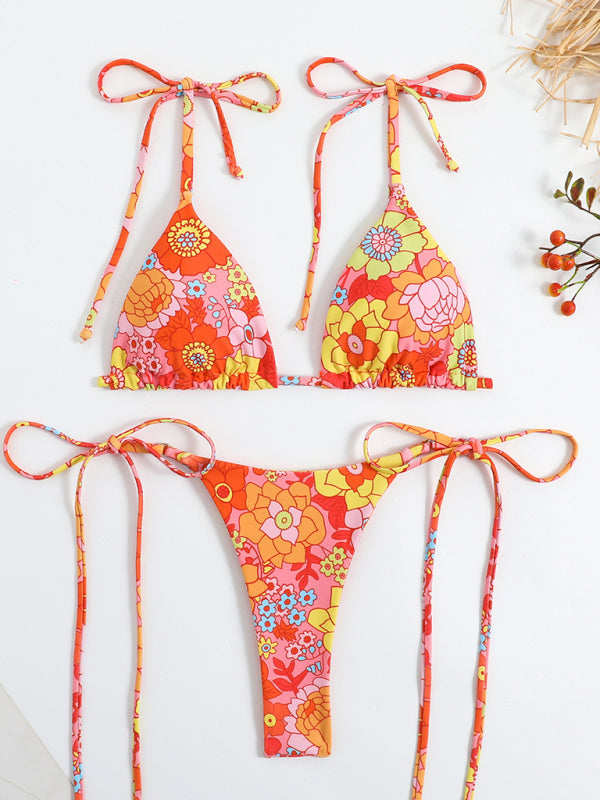 Swimsuits-Floral 2-Piece Bikini Set with Wireless Triangle Bra & Brazilian Thong-Pekosa Women Clothing