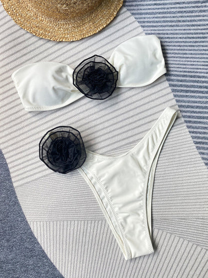 Swimsuits- Flowers Appliqué 2-Piece Stripe Bikini Set with Wireless Bandeau Bra and Bikini Thong- - IndioGear Clothing and Gear