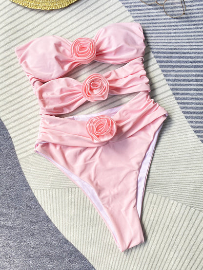 Swimsuits- Flowers Appliqué Design on this Romantic Tube One-Piece Swimsuit- Pink- IndioGear Clothing and Gear