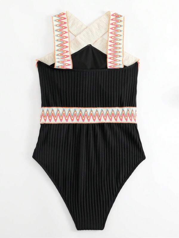 Swimsuits- Sporty Ribbed Criss-Cross One-Piece Swimsuit with Chevron Binding- - IndioGear Clothing and Gear