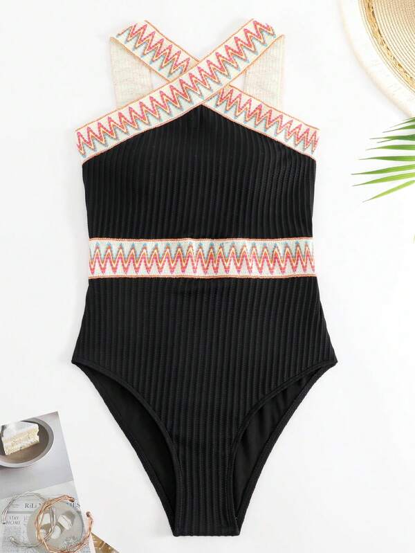 Swimsuits- Sporty Ribbed Criss-Cross One-Piece Swimsuit with Chevron Binding- - IndioGear Clothing and Gear