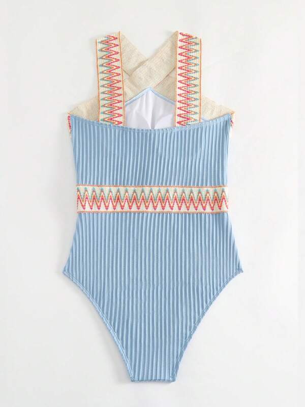 Swimsuits- Sporty Ribbed Criss-Cross One-Piece Swimsuit with Chevron Binding- - IndioGear Clothing and Gear