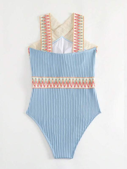 Swimsuits- Sporty Ribbed Criss-Cross One-Piece Swimsuit with Chevron Binding- - IndioGear Clothing and Gear