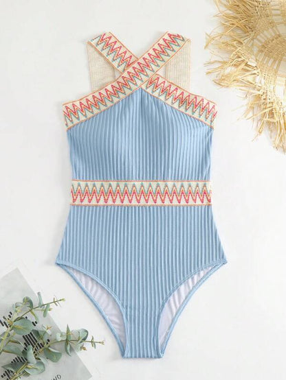 Swimsuits- Sporty Ribbed Criss-Cross One-Piece Swimsuit with Chevron Binding- - IndioGear Clothing and Gear