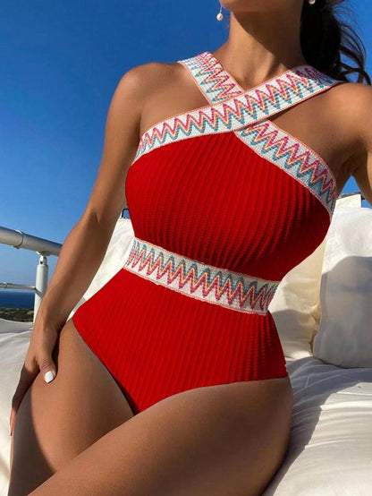 Swimsuits- Sporty Ribbed Criss-Cross One-Piece Swimsuit with Chevron Binding- Red- IndioGear Clothing and Gear