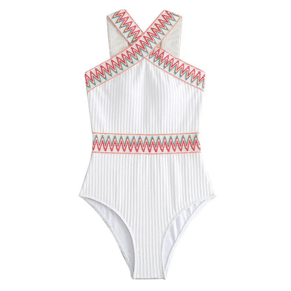 Swimsuits- Sporty Ribbed Criss-Cross One-Piece Swimsuit with Chevron Binding- - IndioGear Clothing and Gear