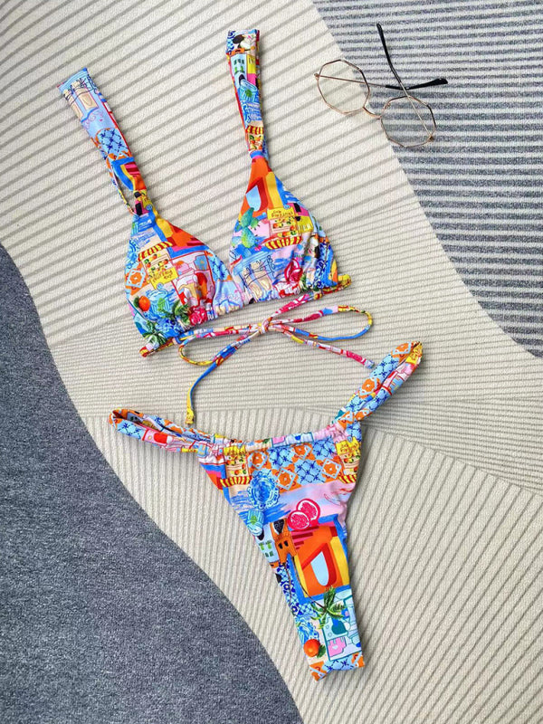 Swimsuits- Tropical 2 Piece Brazilian Bikini - Triangle Bra and High Cut Thong Swimwear- - IndioGear Fashion and Gear