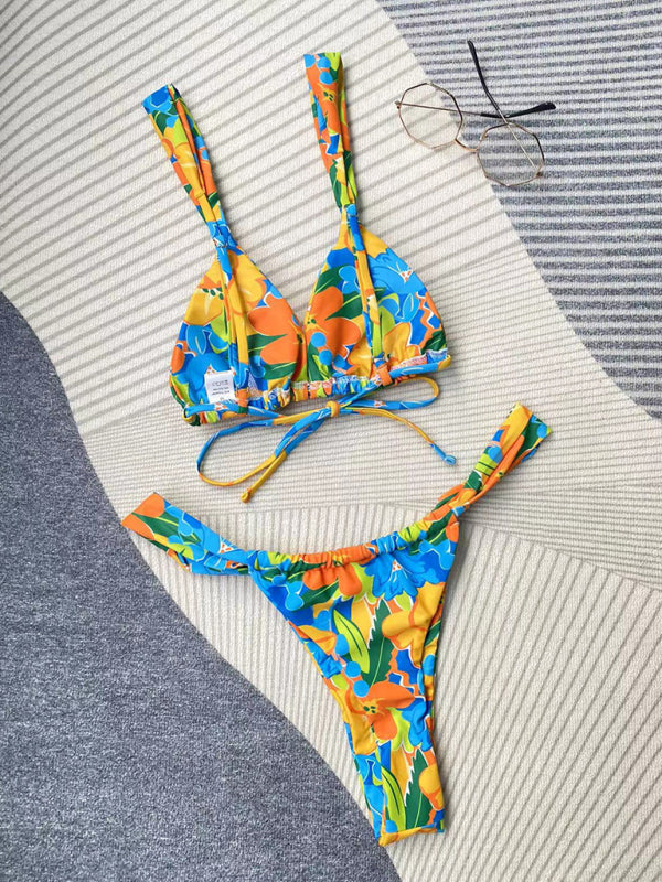 Swimsuits- Tropical 2 Piece Brazilian Bikini - Triangle Bra and High Cut Thong Swimwear- - IndioGear Fashion and Gear