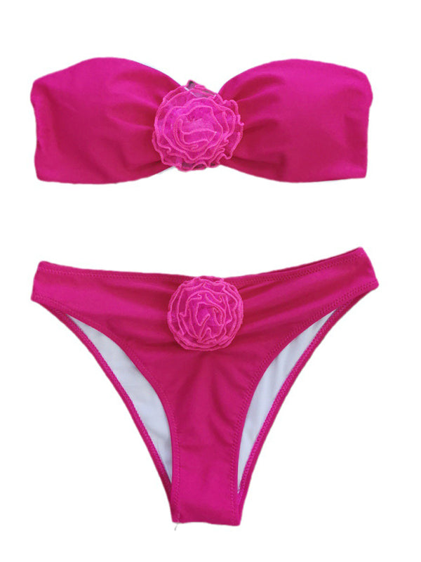 Swimsuits- Wireless Bandeau Bra and Bikini Bottom in a 2-Piece Stripe Bikini Set with Flowers Appliqué- - IndioGear Clothing and Gear