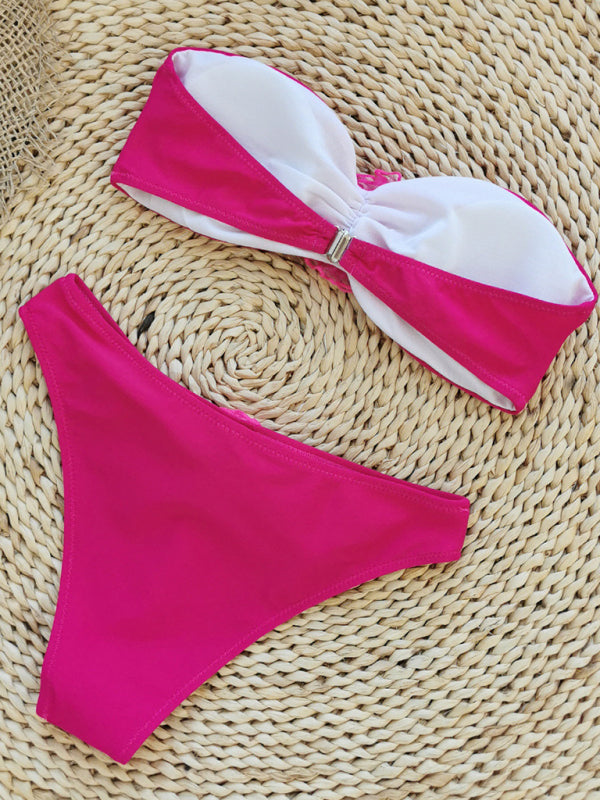 Swimsuits- Wireless Bandeau Bra and Bikini Bottom in a 2-Piece Stripe Bikini Set with Flowers Appliqué- - IndioGear Clothing and Gear