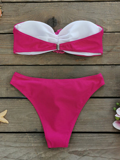 Swimsuits- Wireless Bandeau Bra and Bikini Bottom in a 2-Piece Stripe Bikini Set with Flowers Appliqué- - IndioGear Clothing and Gear