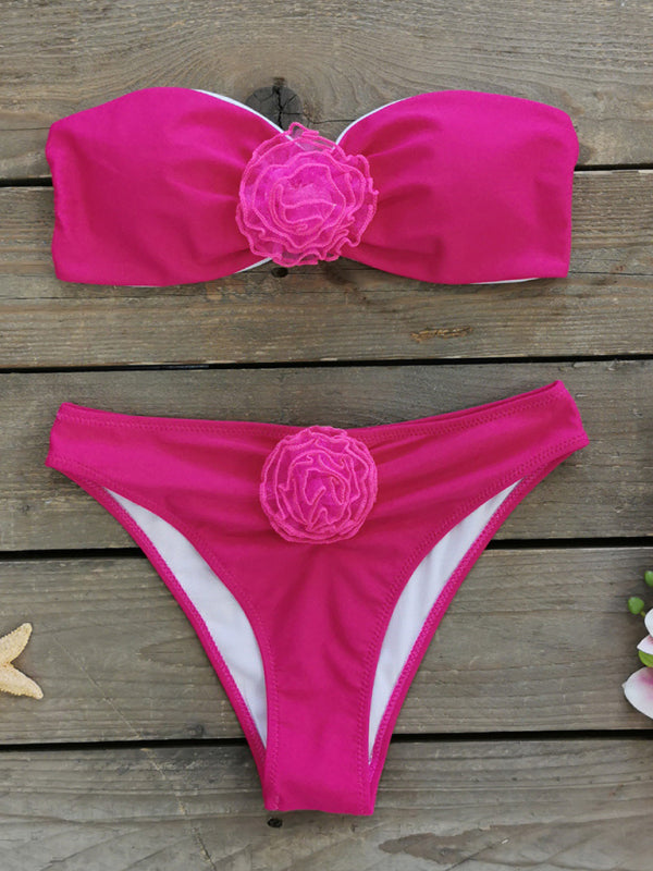 Swimsuits- Wireless Bandeau Bra and Bikini Bottom in a 2-Piece Stripe Bikini Set with Flowers Appliqué- - IndioGear Clothing and Gear