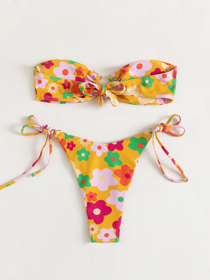 Swimsuits- Wireless Bandeau Bra with Tie-Side Bikini - 2 Piece Floral Swimwear- - IndioGear Fashion and Gear