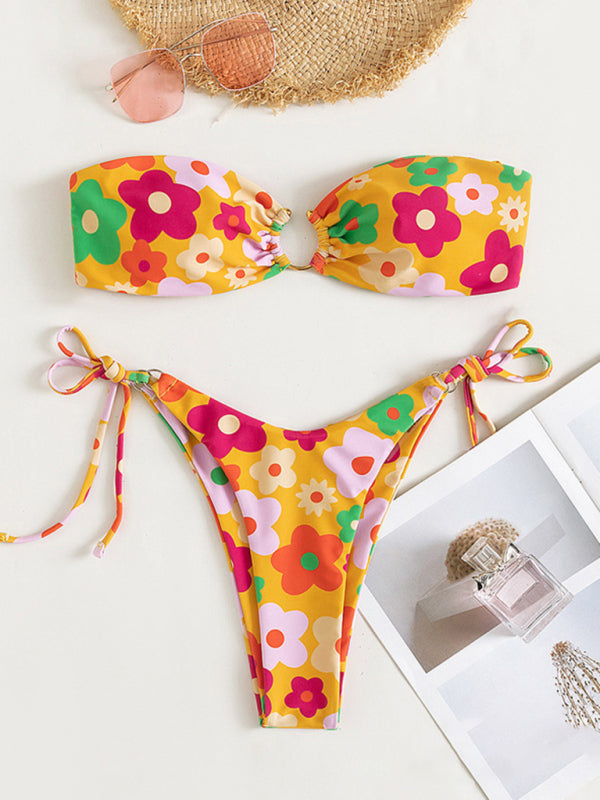 Swimsuits- Wireless Bandeau Bra with Tie-Side Bikini - 2 Piece Floral Swimwear- Yellow- IndioGear Fashion and Gear