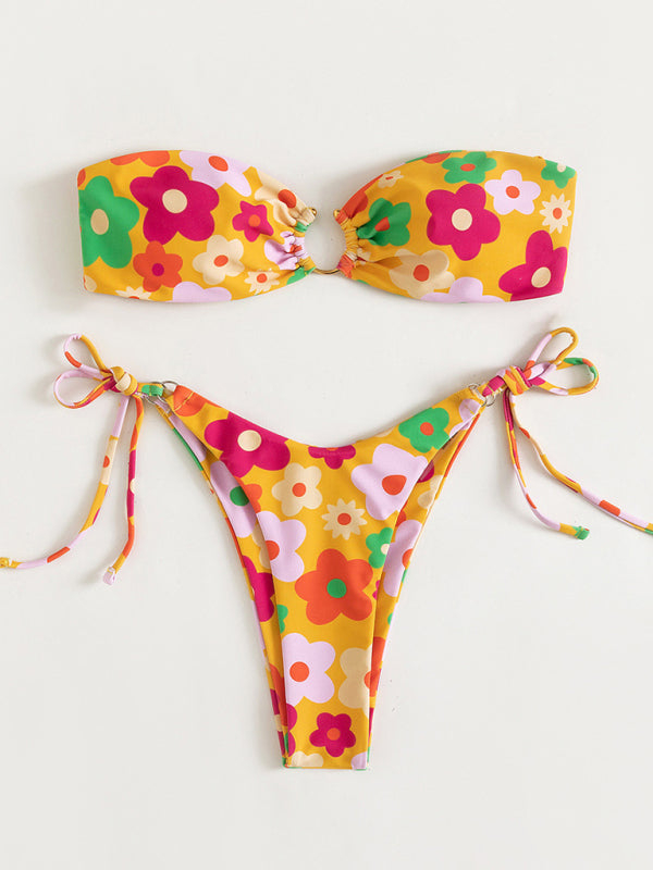 Swimsuits- Wireless Bandeau Bra with Tie-Side Bikini - 2 Piece Floral Swimwear- - IndioGear Fashion and Gear