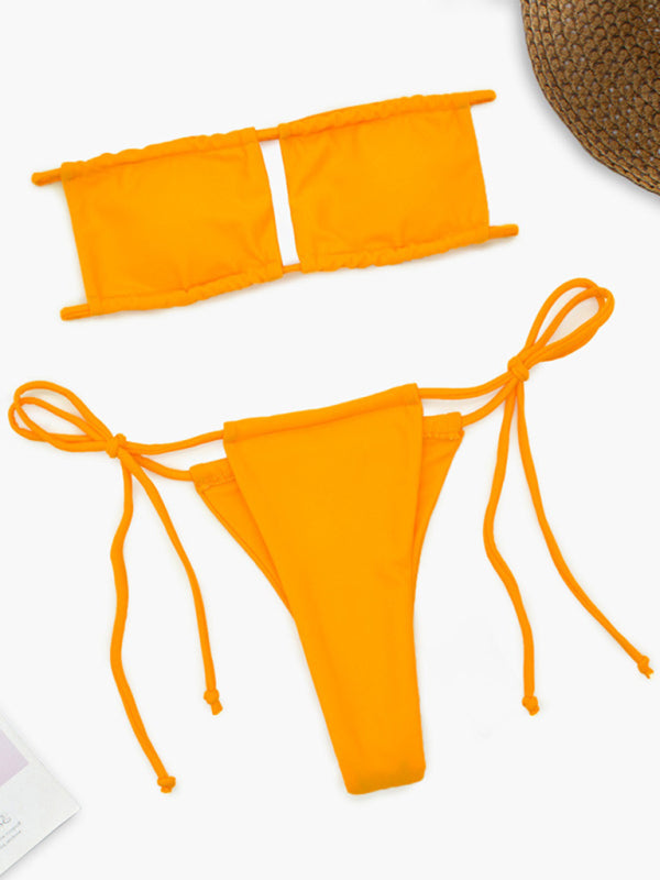 Swimsuits- Wireless Tube Bra and Tie-Side Thongs in a Solid Brazilian 2-Piece Swimwear- - IndioGear Clothing and Gear