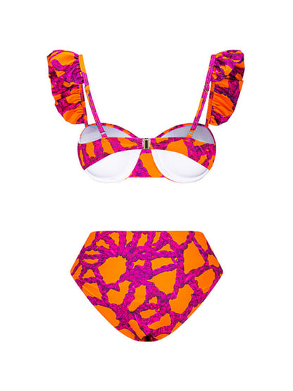 Swimweaar- Fuchsia Ruffle 3-Piece Swimwear - Underwire Push-Up Bra & Bikini & Skirt- - IndioGear Fashion and Gear