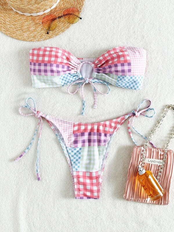 Swimwear- 2-Piece Bandeau Bra & Tie-Side Tanga in Playful Plaid- - IndioGear Clothing and Gear