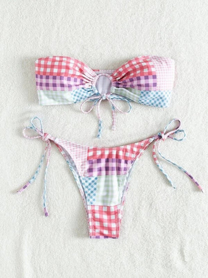 Swimwear- 2-Piece Bandeau Bra & Tie-Side Tanga in Playful Plaid- - IndioGear Clothing and Gear