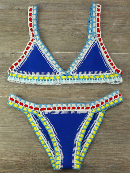 Swimwear- 2-Piece Beach Vacay Swimwear: Crochet Bikini Set with Wireless Bra & Bottoms- Blue- IndioGear Fashion and Gear