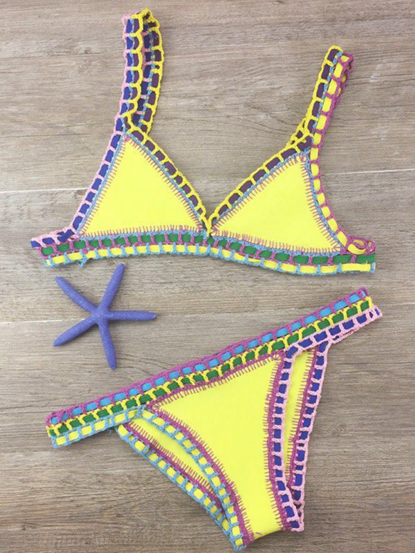 Swimwear- 2-Piece Beach Vacay Swimwear: Crochet Bikini Set with Wireless Bra & Bottoms- Yellow- IndioGear Fashion and Gear