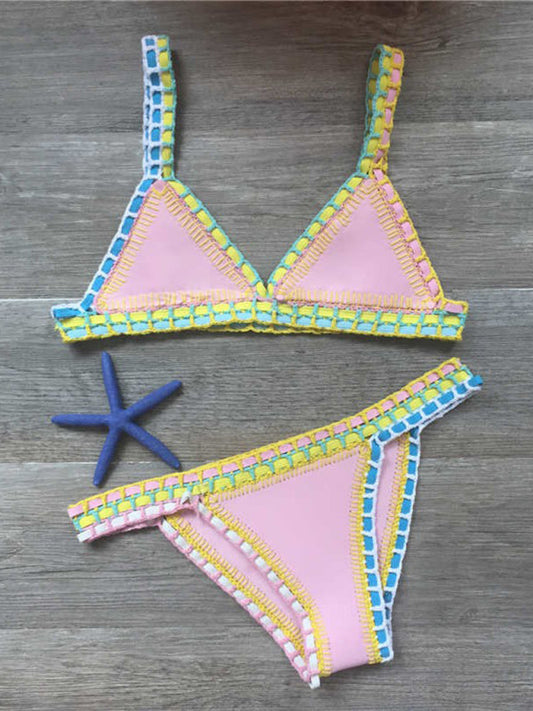 Swimwear- 2-Piece Beach Vacay Swimwear: Crochet Bikini Set with Wireless Bra & Bottoms- Pink- IndioGear Fashion and Gear