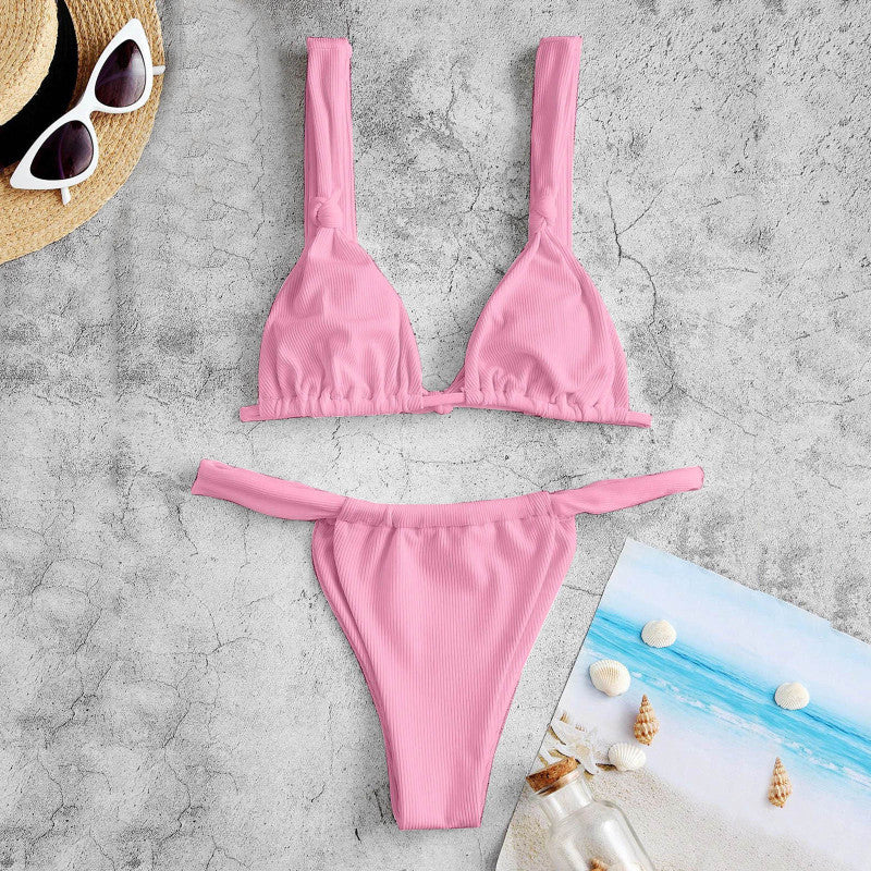 Swimwear- 2-Piece Brazilian Bikini Swimwear Set: Ribbed Wireless Bra + Cheeky Thong- - Pekosa Women Clothing