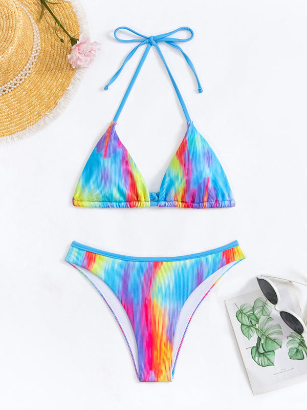 2 Piece Gradient Rainbow Swimwear - Wireless Halter Bra & Bikini Bottoms