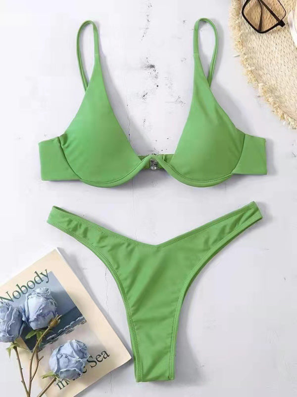 Swimwear- 2 Piece High-Leg Brazilian Bikini with Underwire Triangle Bra- Pale green- IndioGear Fashion and Gear