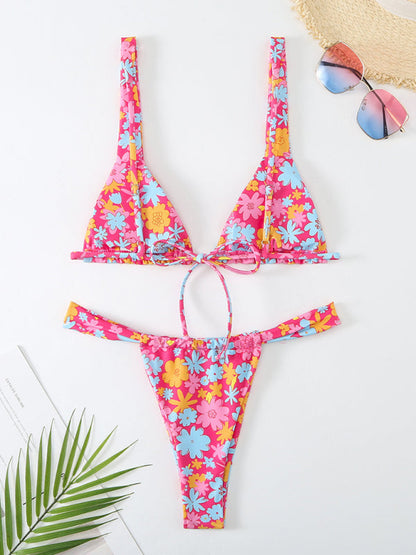 Swimwear- 2 Piece Tropical Print Wireless Triangle Bra & Bikini Swimsuit- - IndioGear Fashion and Gear