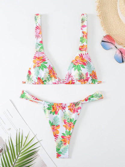 Swimwear- 2 Piece Tropical Print Wireless Triangle Bra & Bikini Swimsuit- - IndioGear Fashion and Gear