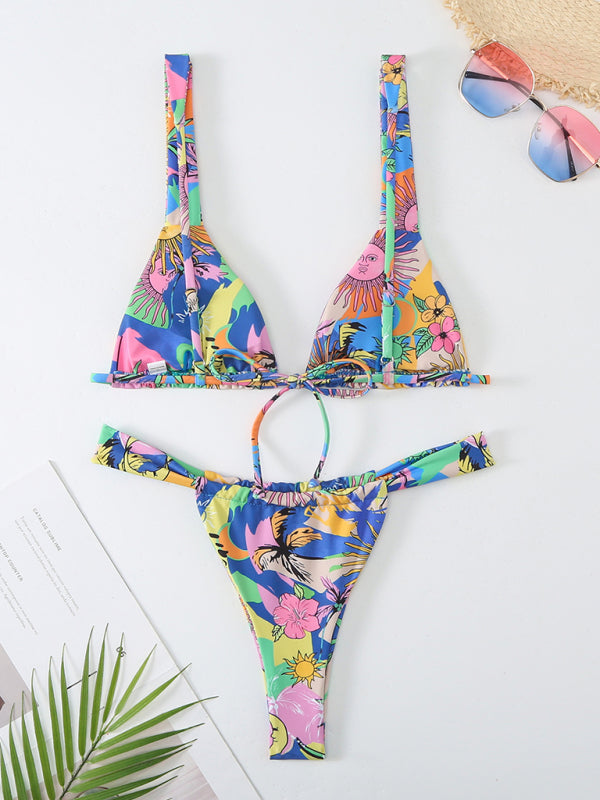 Swimwear- 2 Piece Tropical Print Wireless Triangle Bra & Bikini Swimsuit- - IndioGear Fashion and Gear