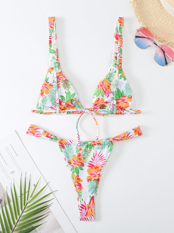 Swimwear- 2 Piece Tropical Print Wireless Triangle Bra & Bikini Swimsuit- - IndioGear Fashion and Gear