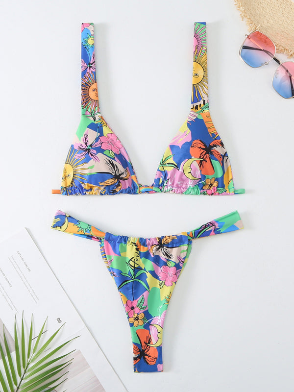 Swimwear- 2 Piece Tropical Print Wireless Triangle Bra & Bikini Swimsuit- - IndioGear Fashion and Gear